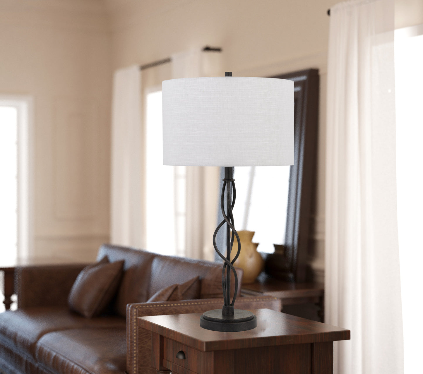 30" Bronze Metal Table Lamp With Off White Drum Shade