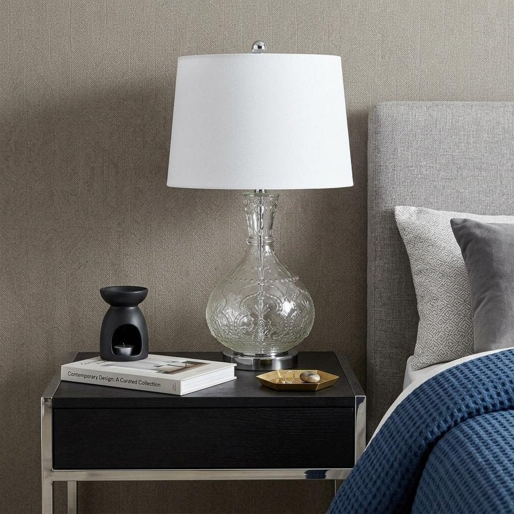 27" Clear Metal Round Table Lamp With White Shade HomeRoots