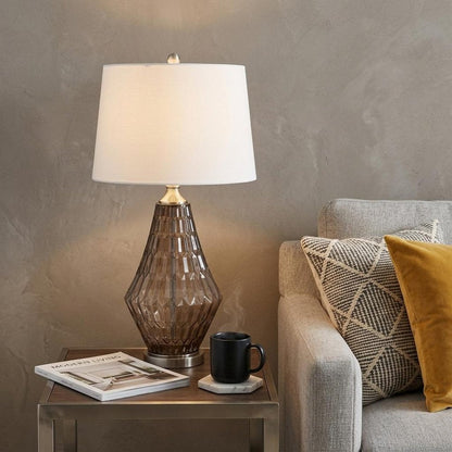 31" Gray Metal Geometric Table Lamp With Off White Empire Shade HomeRoots