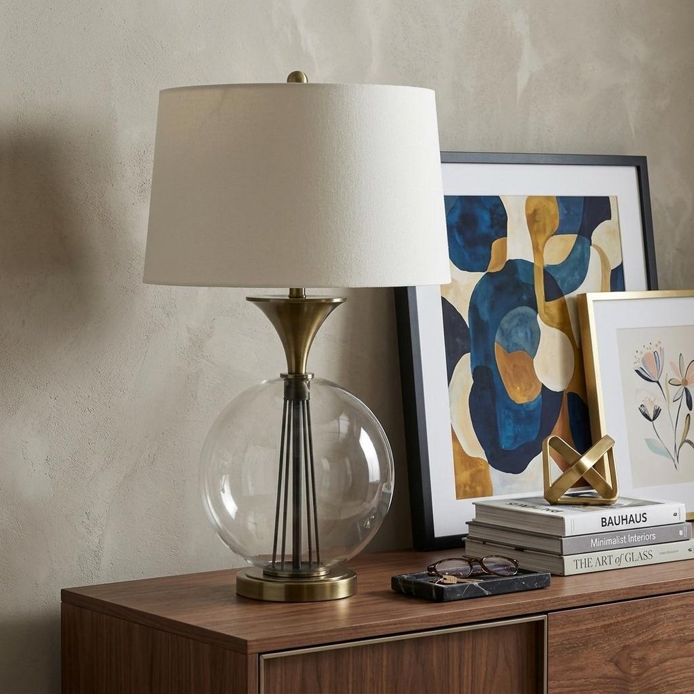 31" Bronze Metal Globe Table Lamp With White Empire Shade HomeRoots