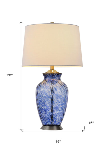 28" Blue Swirl Glass Table Lamp With White Empire Shade