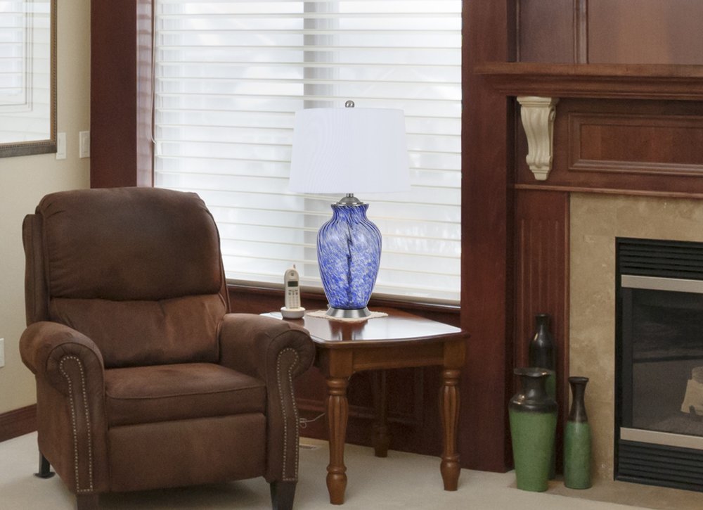 28" Blue Swirl Glass Table Lamp With White Empire Shade HomeRoots