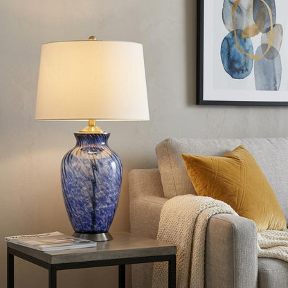 28" Blue Swirl Glass Table Lamp With White Empire Shade HomeRoots