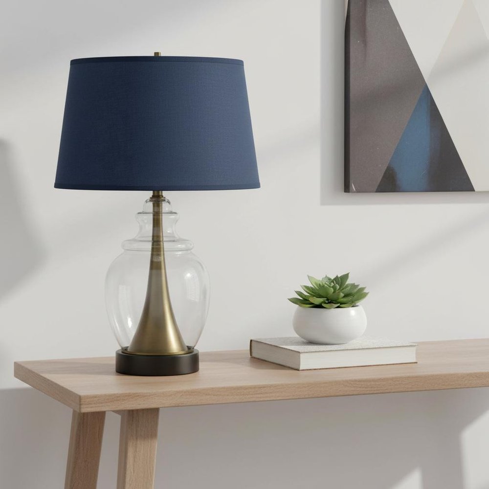 30" Black Metal Urn Table Lamp With Navy Blue Empire Shade — view 3
