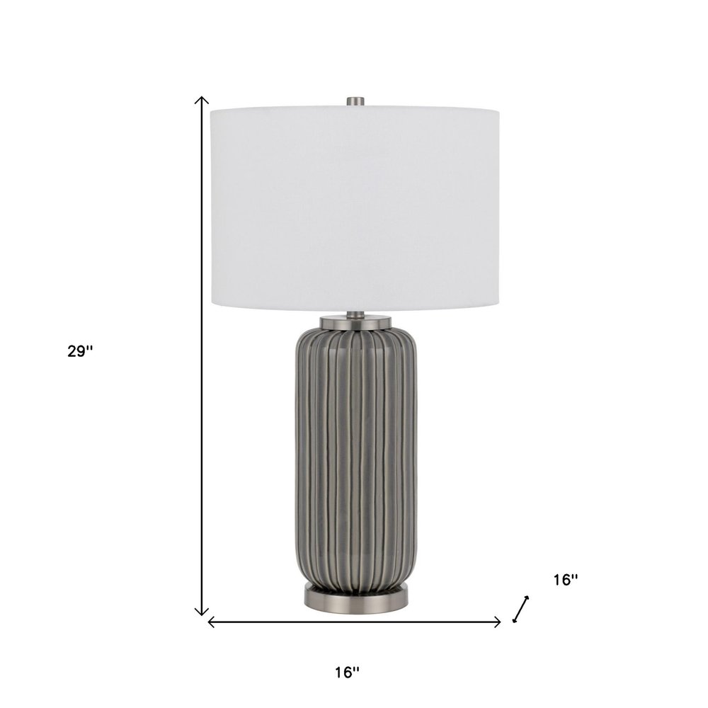 29" Gray Metal Cylinder Table Lamp With White Drum Shade — view 3