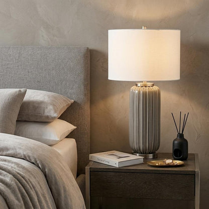 29" Gray Metal Cylinder Table Lamp With White Drum Shade HomeRoots