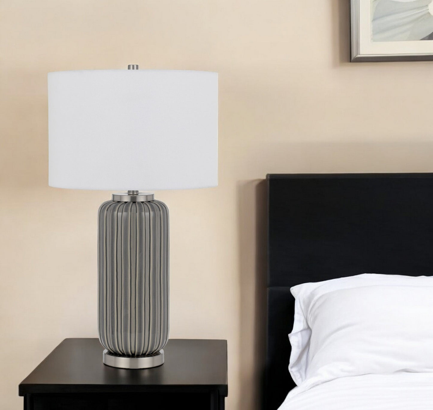 29" Gray Metal Cylinder Table Lamp With White Drum Shade