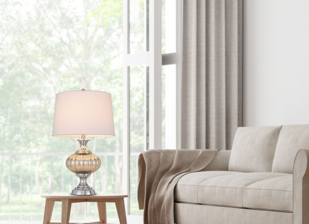 27" Silver Metallic Metal Table Lamp With White Empire Shade HomeRoots