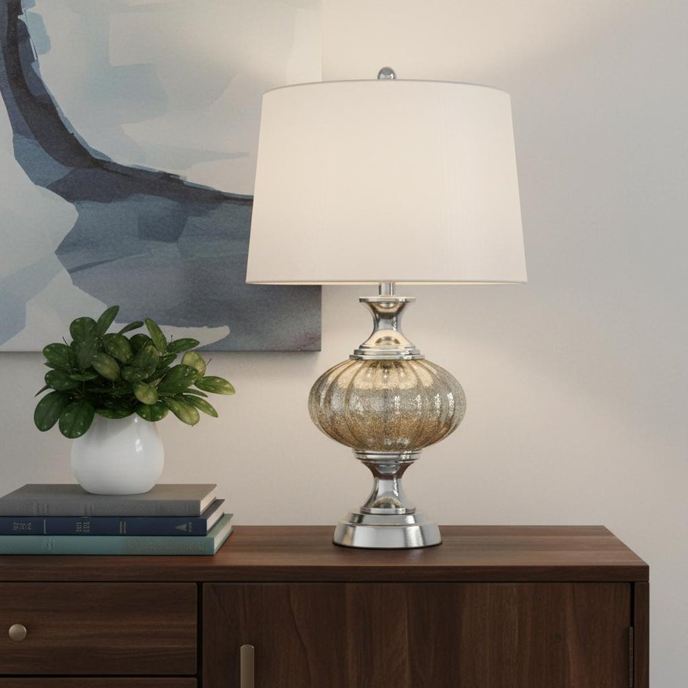 27" Silver Metallic Metal Table Lamp With White Empire Shade HomeRoots