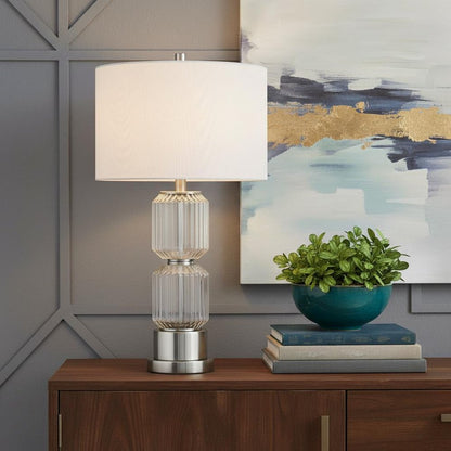 28" Nickel Metal Table Lamp With White Drum Shade HomeRoots