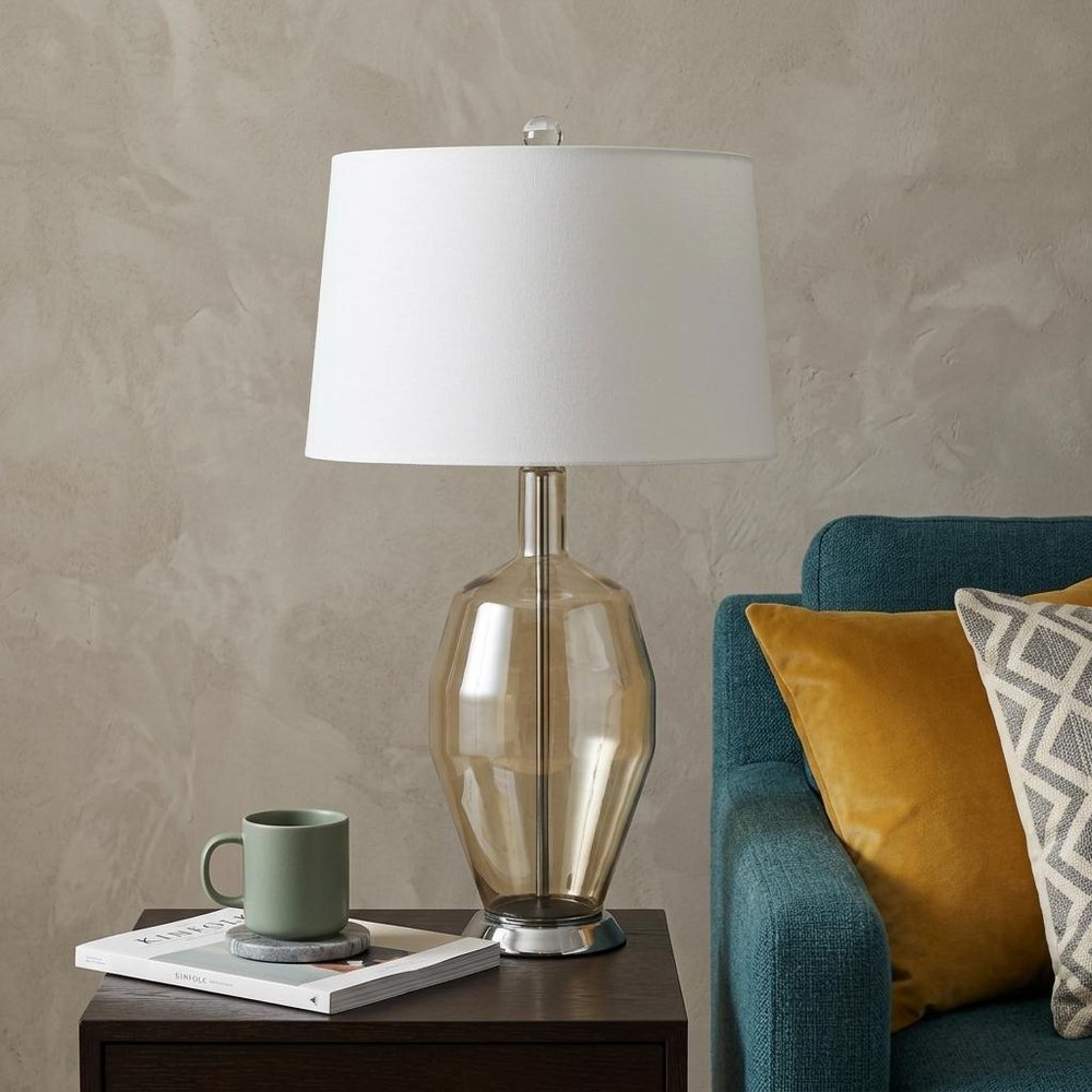 29" Nickel Metal Round Table Lamp With White Drum Shade HomeRoots