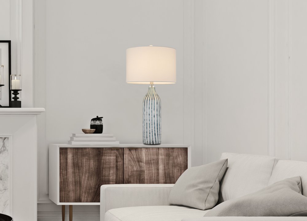 30" Gray And Aqua Glass Table Lamp With White Drum Shade HomeRoots