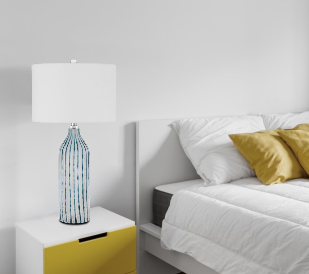 30" Gray And Aqua Glass Table Lamp With White Drum Shade HomeRoots