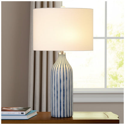 30" Gray And Aqua Glass Table Lamp With White Drum Shade HomeRoots