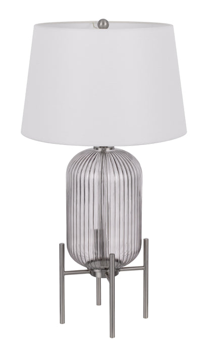 33" Nickel Glass Round Table Lamp With White Empire Shade