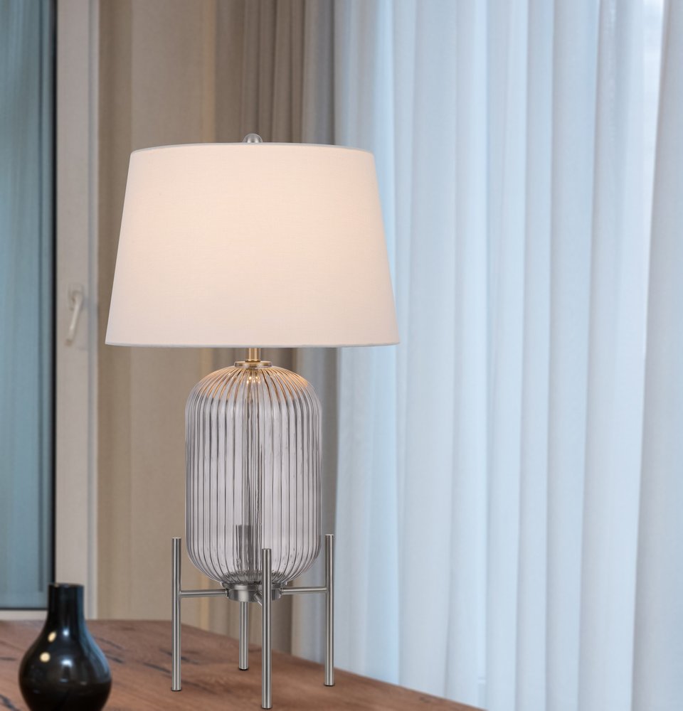 33" Nickel Glass Round Table Lamp With White Empire Shade HomeRoots