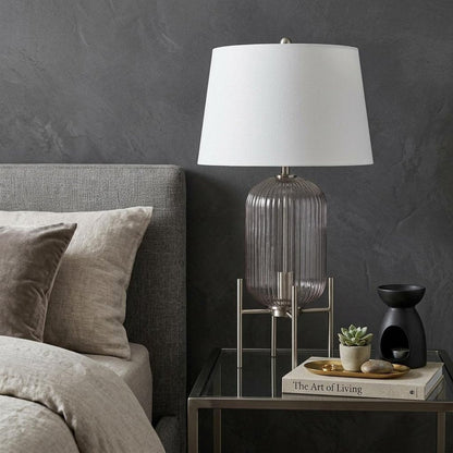 33" Nickel Glass Round Table Lamp With White Empire Shade HomeRoots