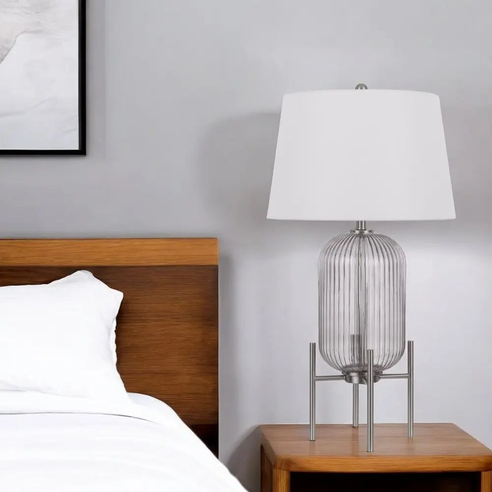 33" Nickel Glass Round Table Lamp With White Empire Shade HomeRoots