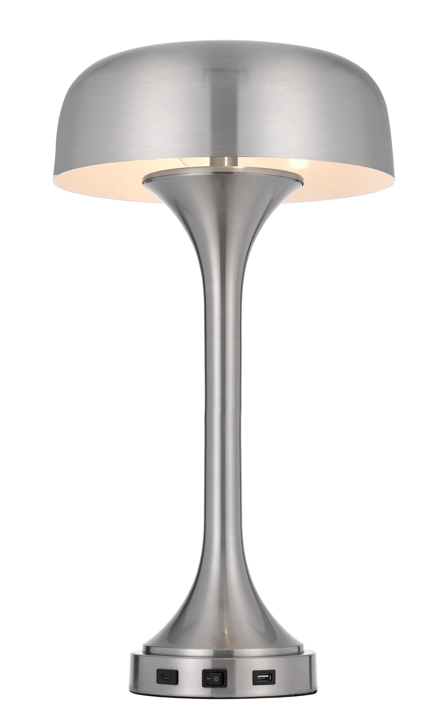 22" Nickel Metal Two Light Usb Table Lamp With Nickel Dome Shade