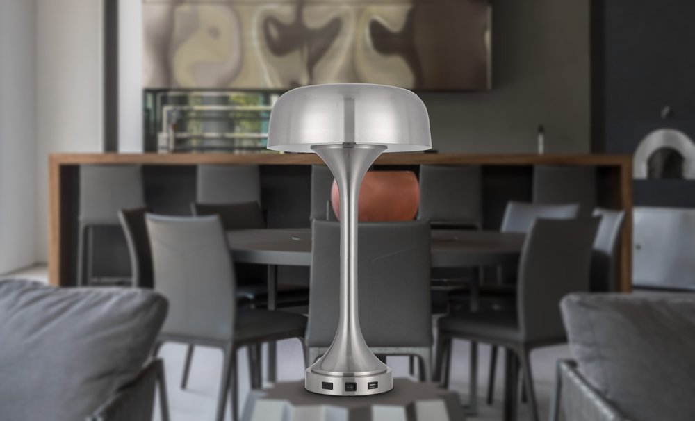 22" Nickel Metal Two Light Usb Table Lamp With Nickel Dome Shade HomeRoots