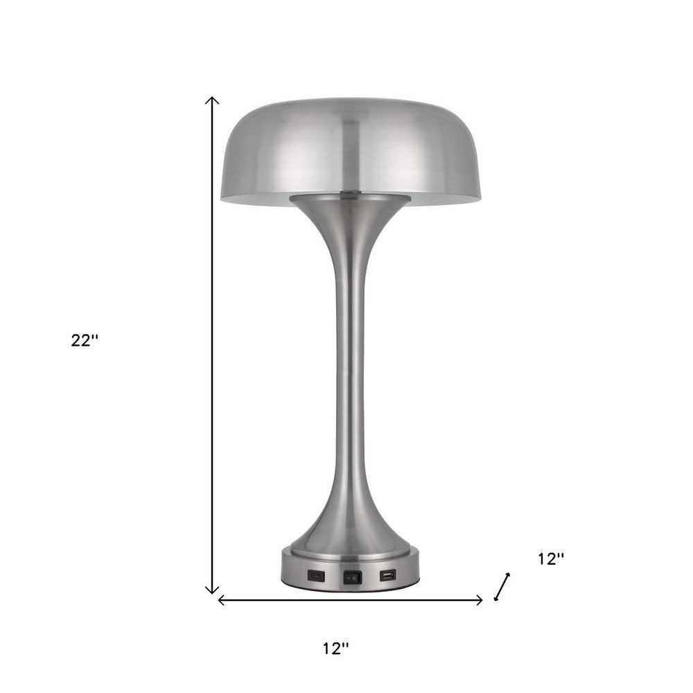 22" Nickel Metal Two Light Usb Table Lamp With Nickel Dome Shade HomeRoots