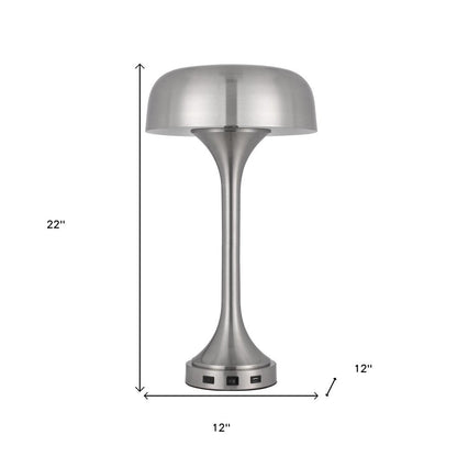 22" Nickel Metal Two Light Usb Table Lamp With Nickel Dome Shade HomeRoots