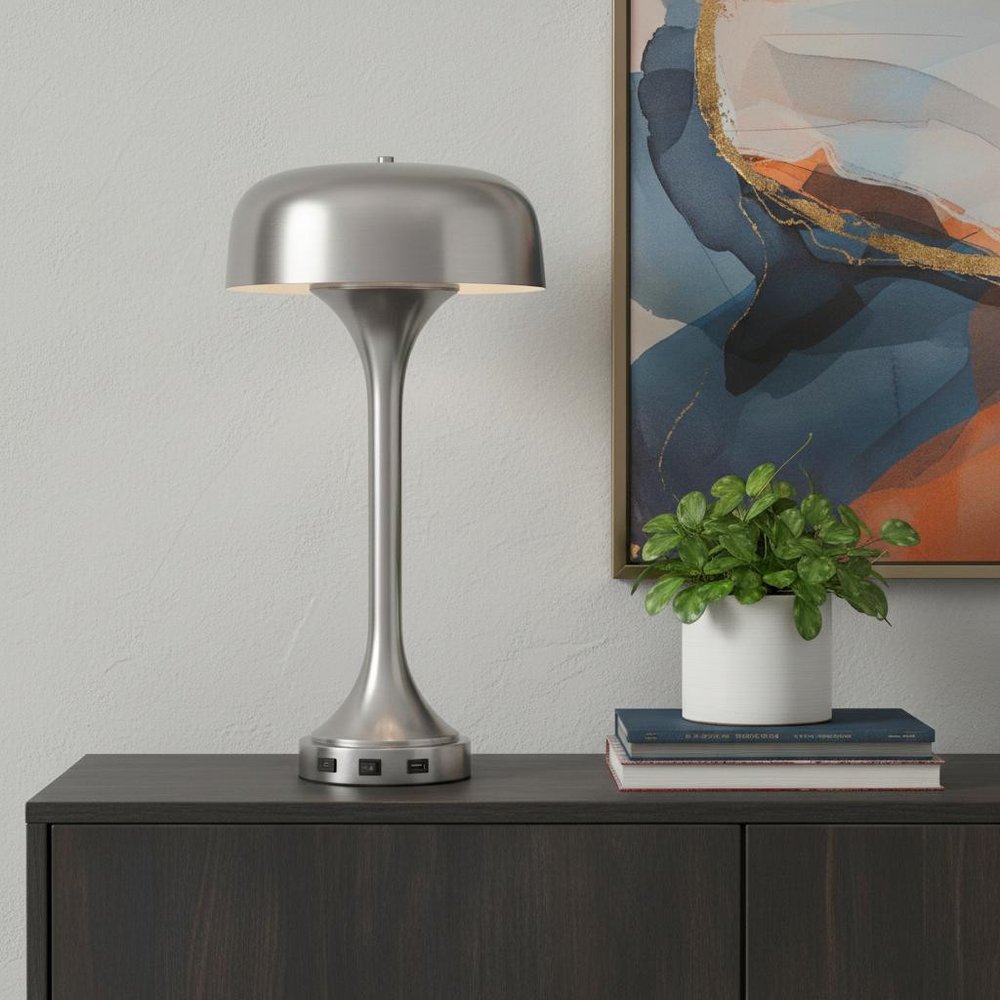 22" Nickel Metal Two Light Usb Table Lamp With Nickel Dome Shade — view 4