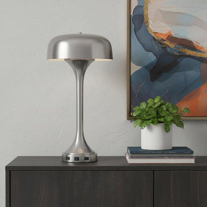 22" Nickel Metal Two Light Usb Table Lamp With Nickel Dome Shade HomeRoots