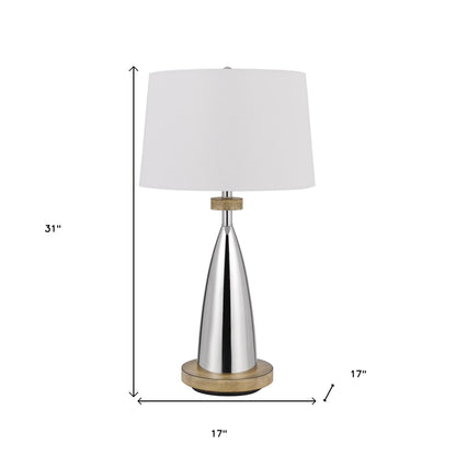 31" Brown Metal Geometric USB Table Lamp With White Empire Shade