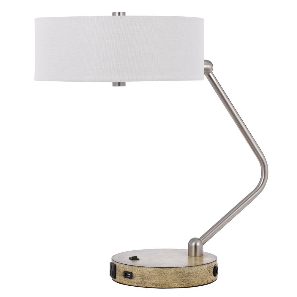 20" Brown Metal Two Light Lantern Desk USB Table Lamp With White Drum Shade HomeRoots
