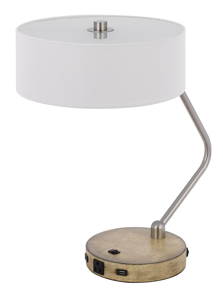 20" Brown Metal Two Light Lantern Desk USB Table Lamp With White Drum Shade HomeRoots