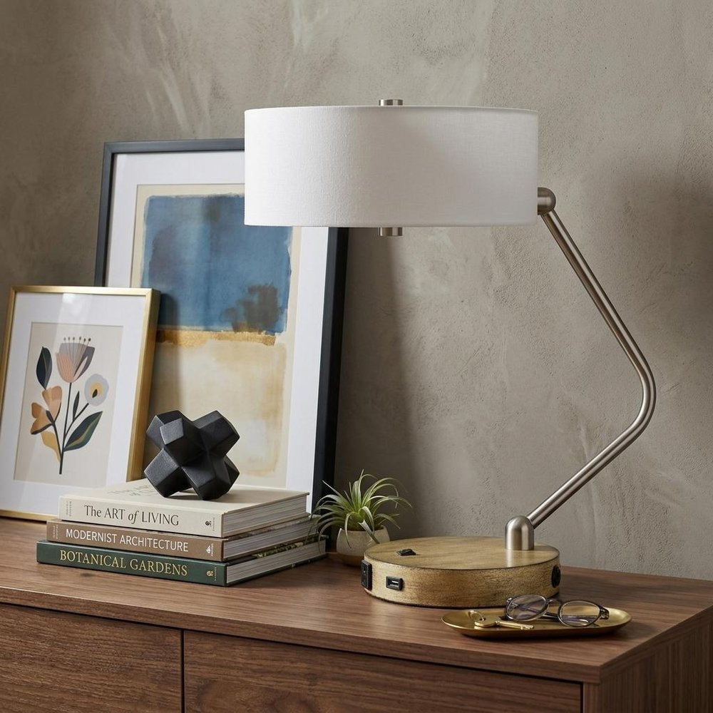 20" Brown Metal Two Light Lantern Desk USB Table Lamp With White Drum Shade HomeRoots