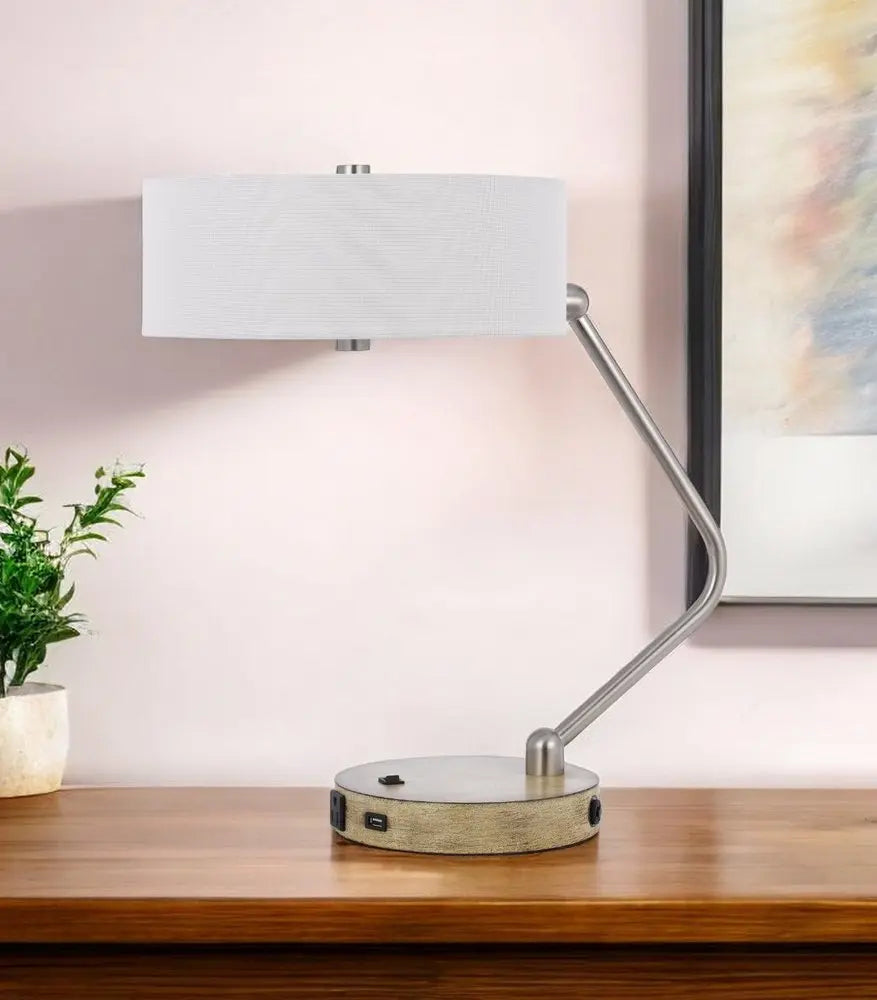 20" Brown Metal Two Light Lantern Desk USB Table Lamp With White Drum Shade HomeRoots