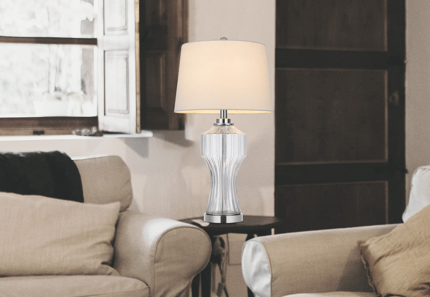 26" Clear Glass Table Lamp With White Empire Shade