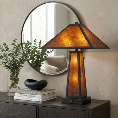 24" Burnt Orange Metal Two Light Table Lamp With Amber Square Shade HomeRoots