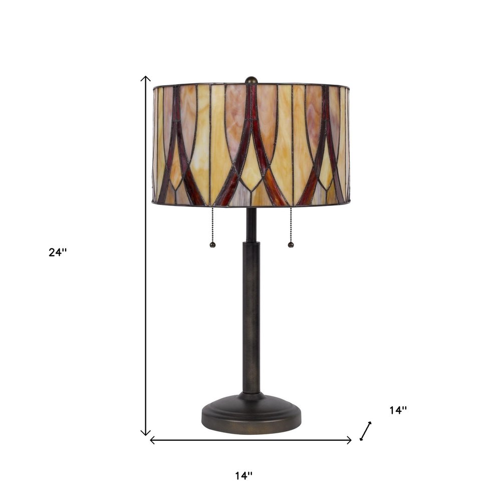 24" Bronze Metal Two Light Table Lamp With Red And Ivory Drum Shade — view 3