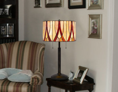 24" Bronze Metal Two Light Table Lamp With Red And Ivory Drum Shade HomeRoots