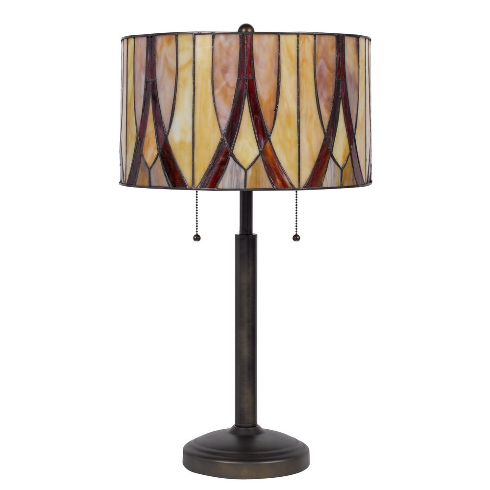 24" Bronze Metal Two Light Table Lamp With Red And Ivory Drum Shade — view 1