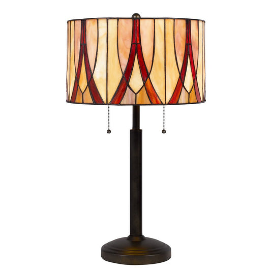 24" Bronze Metal Two Light Table Lamp With Red And Ivory Drum Shade HomeRoots