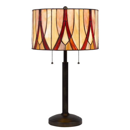 24" Bronze Metal Two Light Table Lamp With Red And Ivory Drum Shade HomeRoots