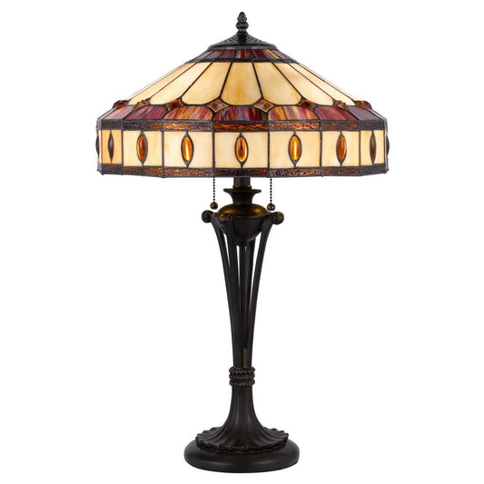 26" Black Metal Two Light Candlestick Table Lamp With Ivory and Red Dome Shade HomeRoots