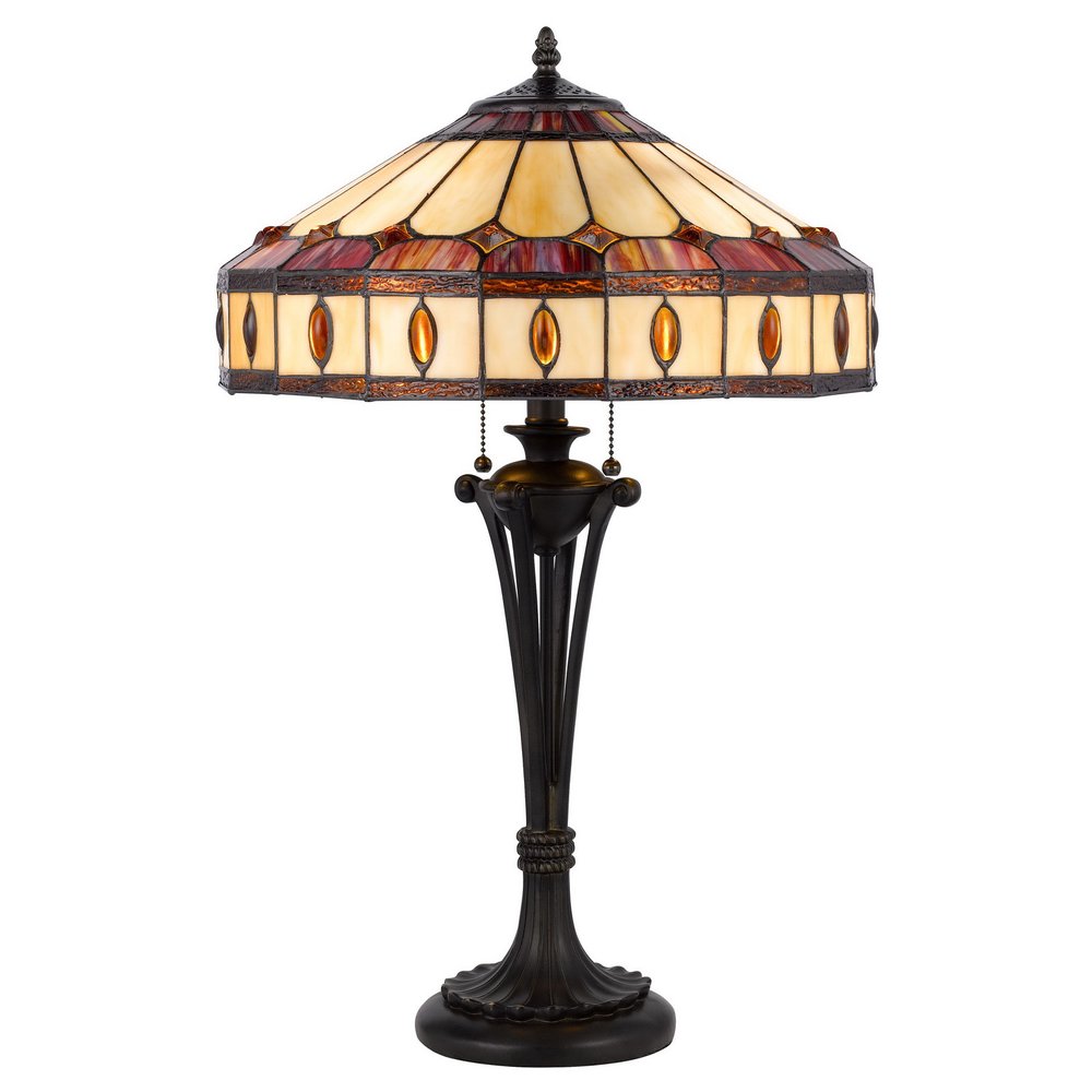 26" Black Metal Two Light Candlestick Table Lamp With Ivory and Red Dome Shade HomeRoots