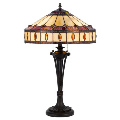 26" Black Metal Two Light Candlestick Table Lamp With Ivory and Red Dome Shade HomeRoots