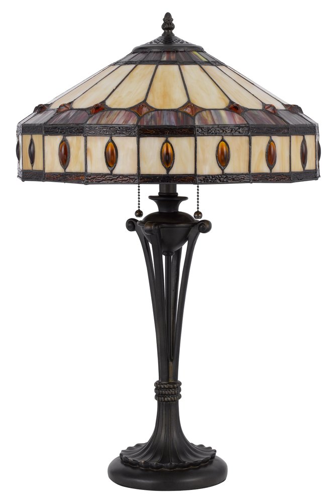 26" Black Metal Two Light Candlestick Table Lamp With Ivory and Red Dome Shade HomeRoots