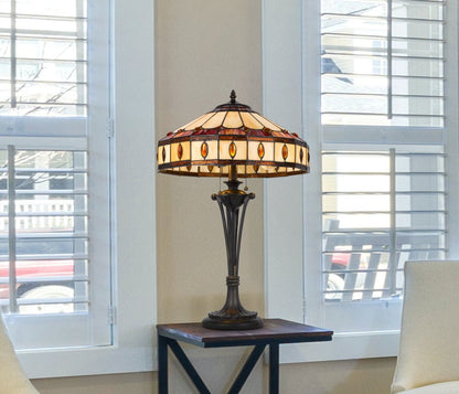 26" Black Metal Two Light Candlestick Table Lamp With Ivory and Red Dome Shade HomeRoots