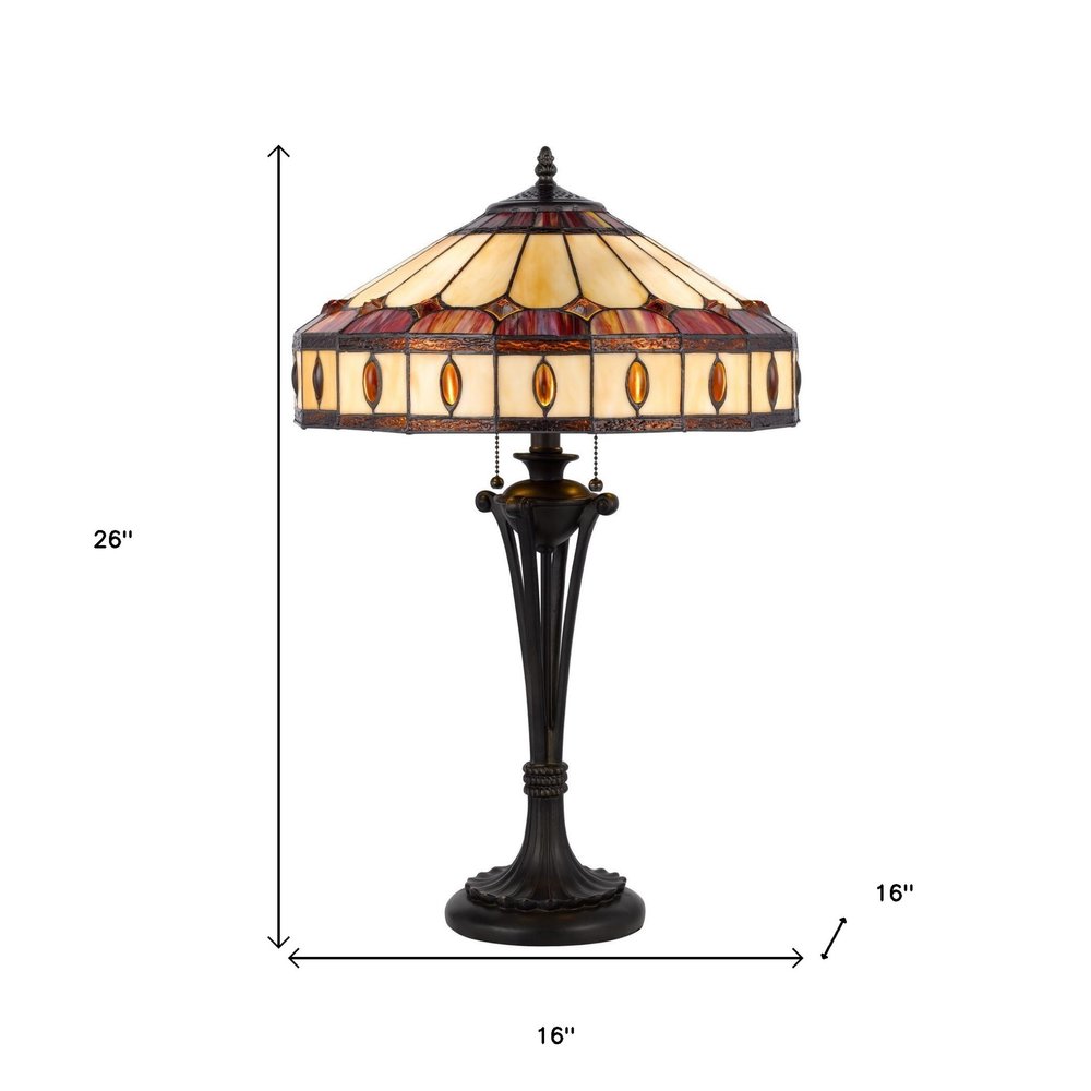 26" Black Metal Two Light Candlestick Table Lamp With Ivory and Red Dome Shade HomeRoots