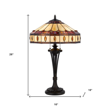 26" Black Metal Two Light Candlestick Table Lamp With Ivory and Red Dome Shade HomeRoots
