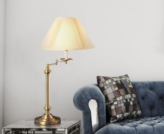 30" Bronze Metal Swing Arm Table Lamp With Off White Empire Shade HomeRoots