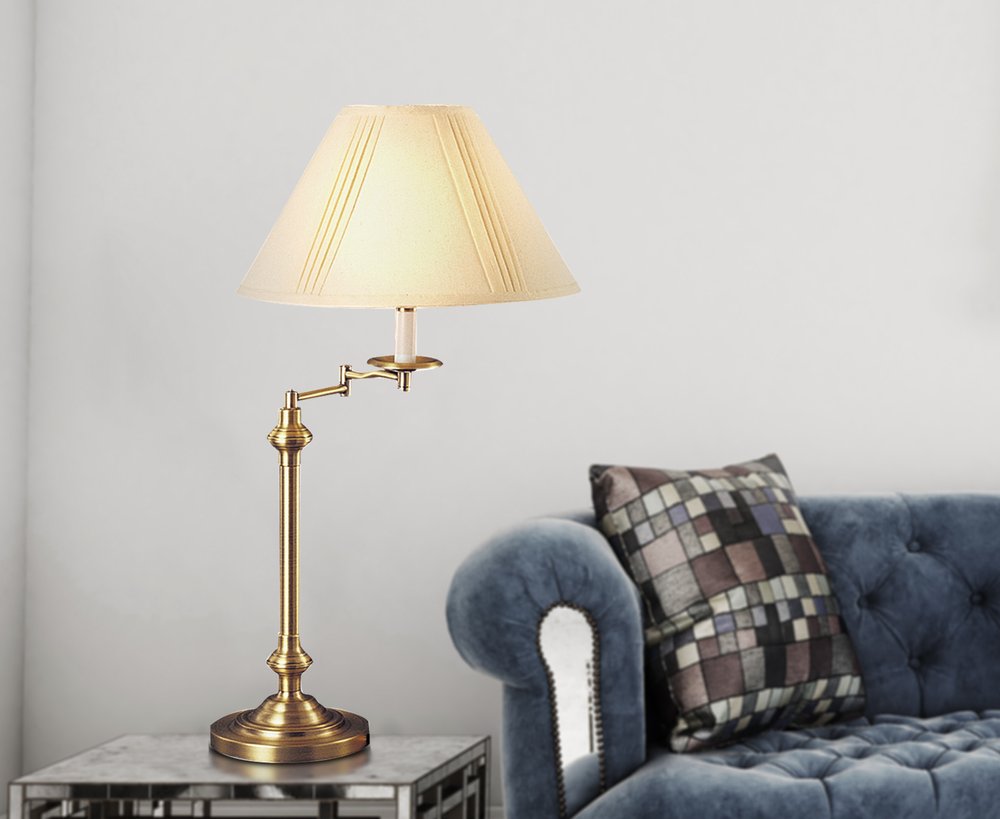 30" Bronze Metal Swing Arm Table Lamp With Off White Empire Shade HomeRoots