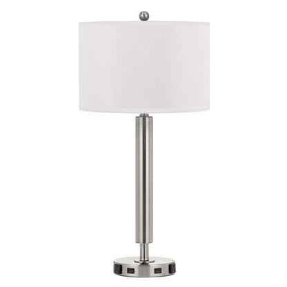 30" Nickel Metal Cylinder USB Table Lamp With White Drum Shade